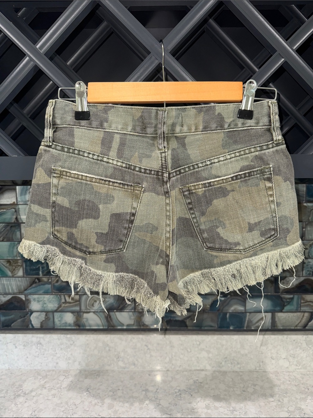 We The Free Olive Camo Distressed Jean Shorts - Picture 2 of 2